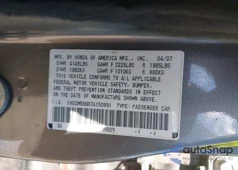 2007 Honda Accord 2.4 Ex from USA, damaged, VIN 1HGCM568X7A150991
